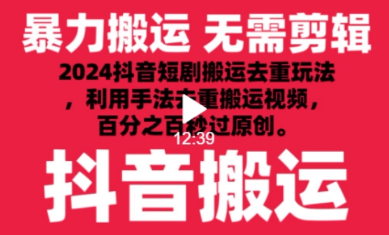 2024最新抖音搬运技术，抖音短剧视频去重，手法搬运，利用工具去重，达到秒过原创的效果【揭秘】_趣淘吧资源网